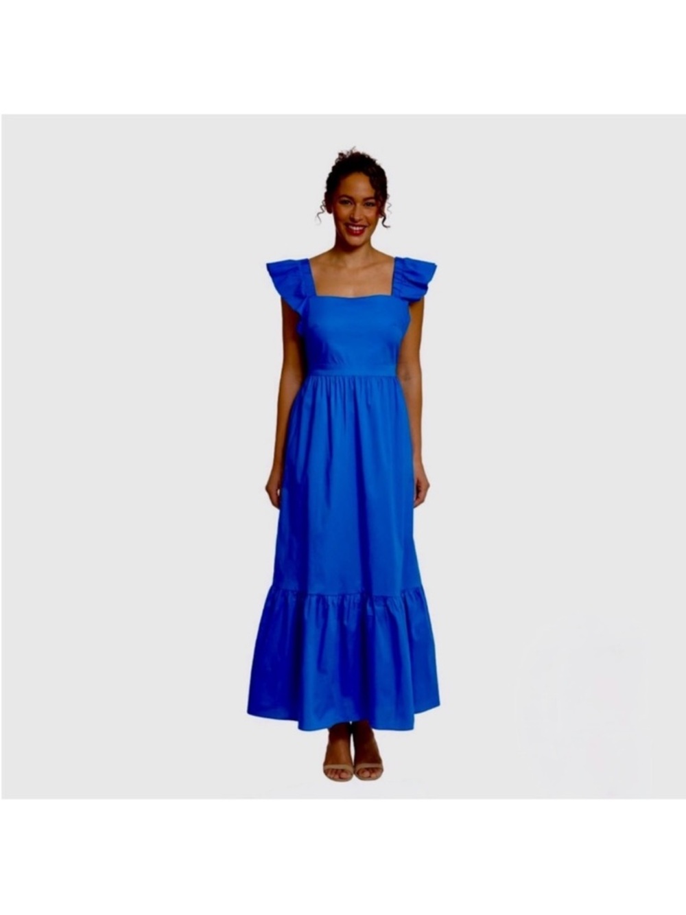 London Times Cobalt Blue Ruffle-Shoulder Maxi Dress